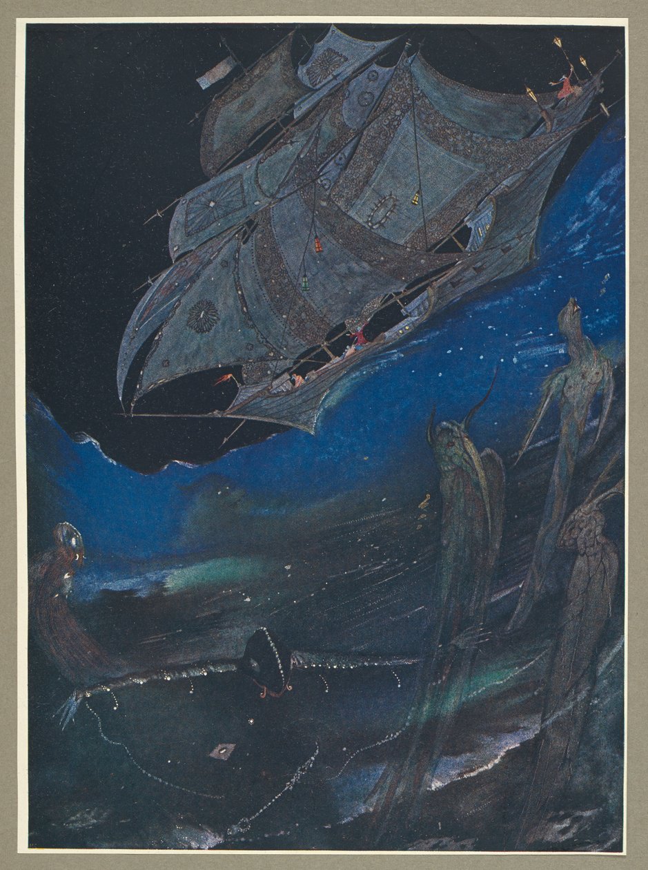 En illustration, der viser et skib på havet og fisk under det. af Harry Clarke