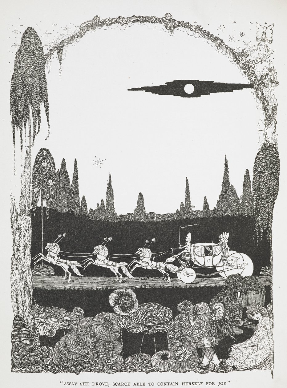 "Væk kørte hun, næsten ikke i stand til at rumme sig af glæde." Illustration til historien Askepot eller den lille glastøffel«. af Harry Clarke