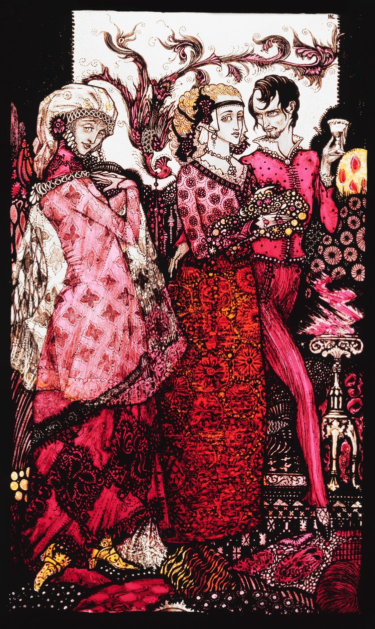 Bert the Bigfoot, sunget af Villon". "Queens", ni glaspaneler syrnede, farvede og malede, Illustrerende J.M. Synges digt, 1917 af Harry Clarke