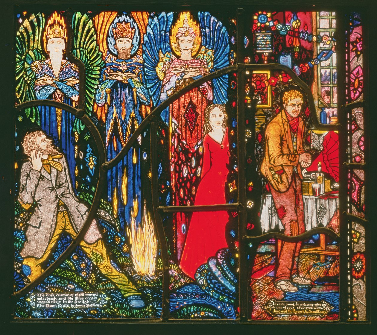 Detalje fra Geneve-vinduet, der forestiller The Demi Gods af James Stephens og Juno and the Paycock af Sean OCasey, 1929 af Harry Clarke