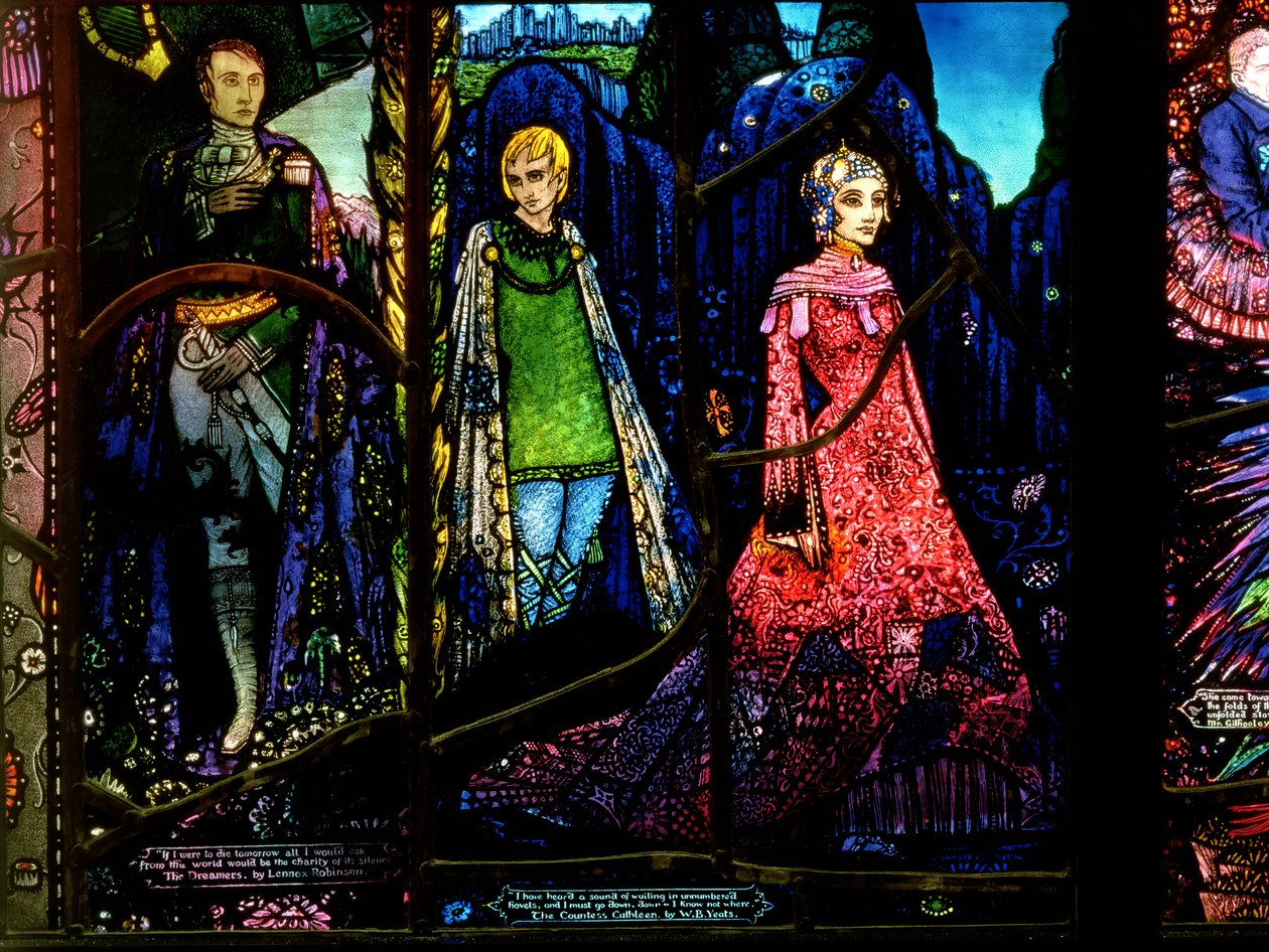 Detalje fra Geneve-vinduet, der viser The Dreamers af Lennox Robinson (1886-1958) og grevinde Cathleen af W.B. Yeats (1865-1939) af Harry Clarke