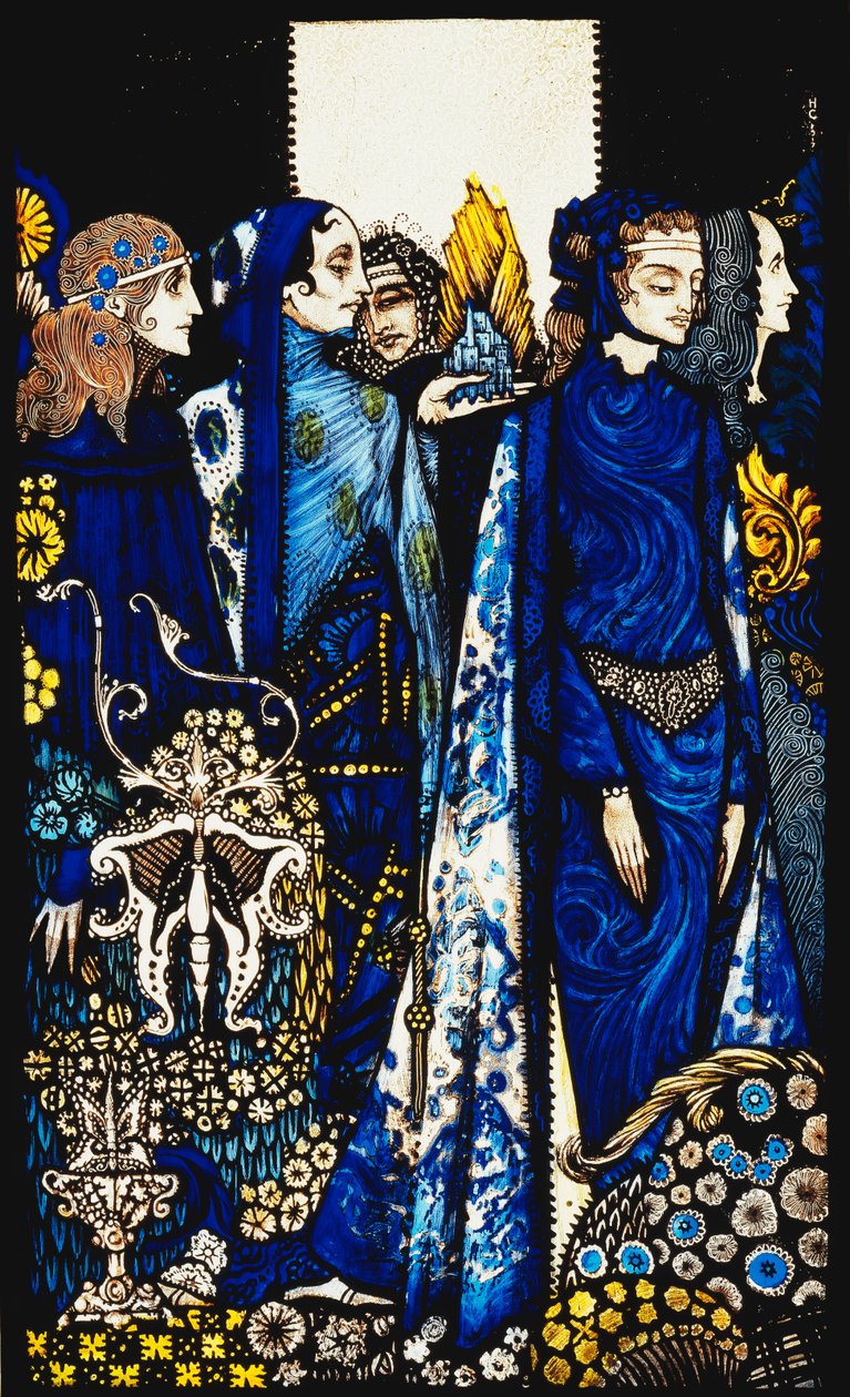 Etain, Helen, Maeve og Fand, Golden Deirdres ømme hånd. "Queens", ni glaspaneler syrnede, farvede og malede, illustrerer J.M. Synges digt, 1917 af Harry Clarke