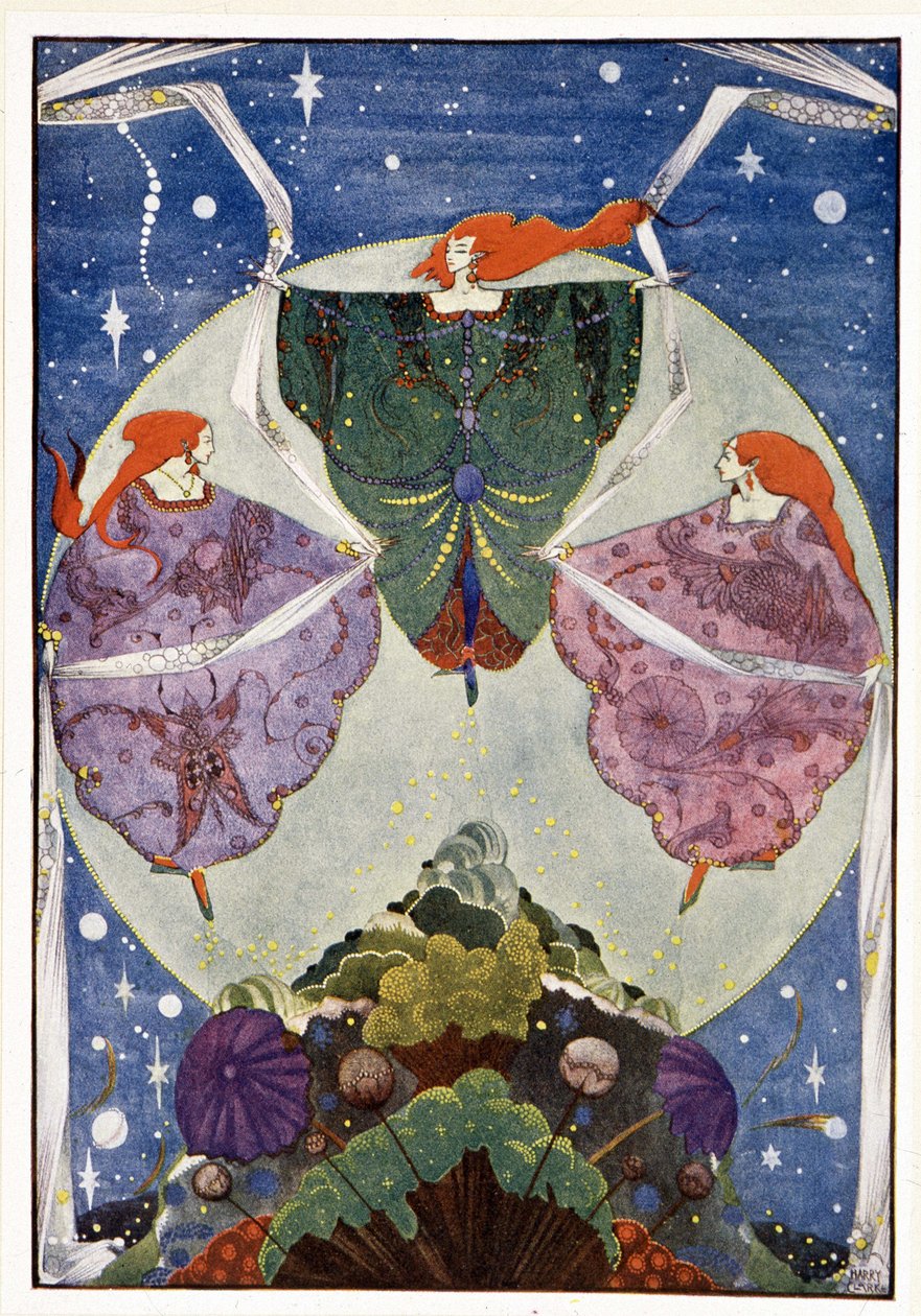 Feer:”” De dansede med sjaler, der var vævet af tåge og måneskin””: Elverbakken - i “” Eventyr”” af HC Andersen, ill. af Harry Clarke af Harry Clarke