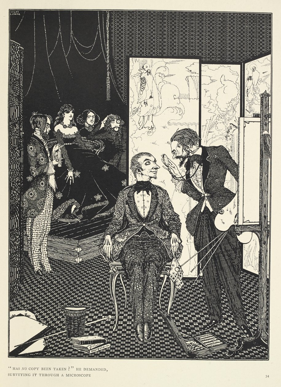 "Eikö kopiota ole otettu?" hän kysyi tutkien sitä mikroskoopilla. Kuvitus tarinalle "Paholainen kellotapulissa". af Harry Clarke