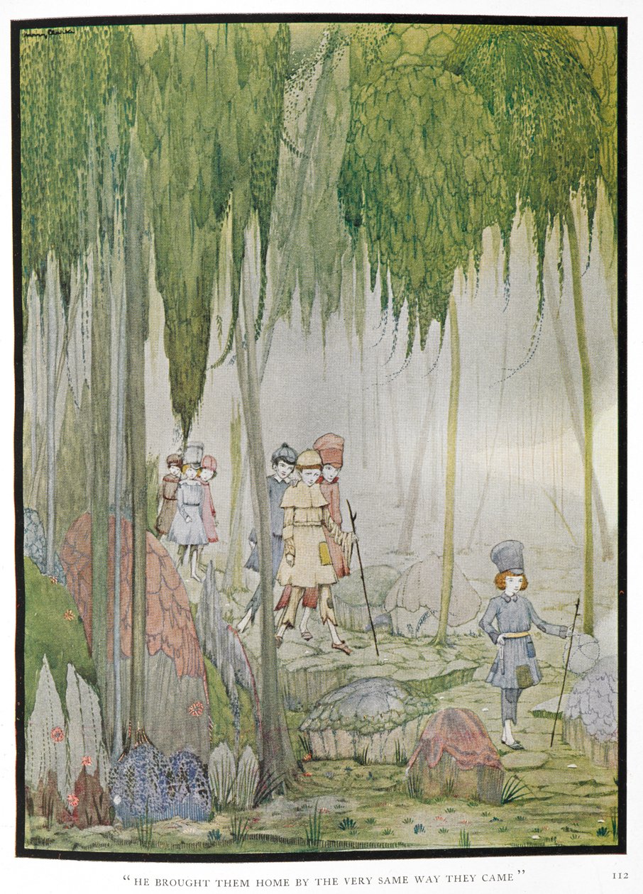 "Hän toi heidät kotiin samaa tietä kuin he tulivat." Tarinan kuvitus, "pieni peukalo". Lapset metsässä. af Harry Clarke