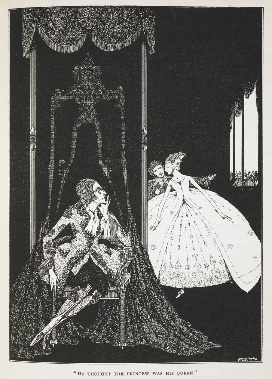 "Hän luuli, että prinsessa oli hänen kuningattarensa." Tarinan kuvitus, "aasi-nahka". af Harry Clarke