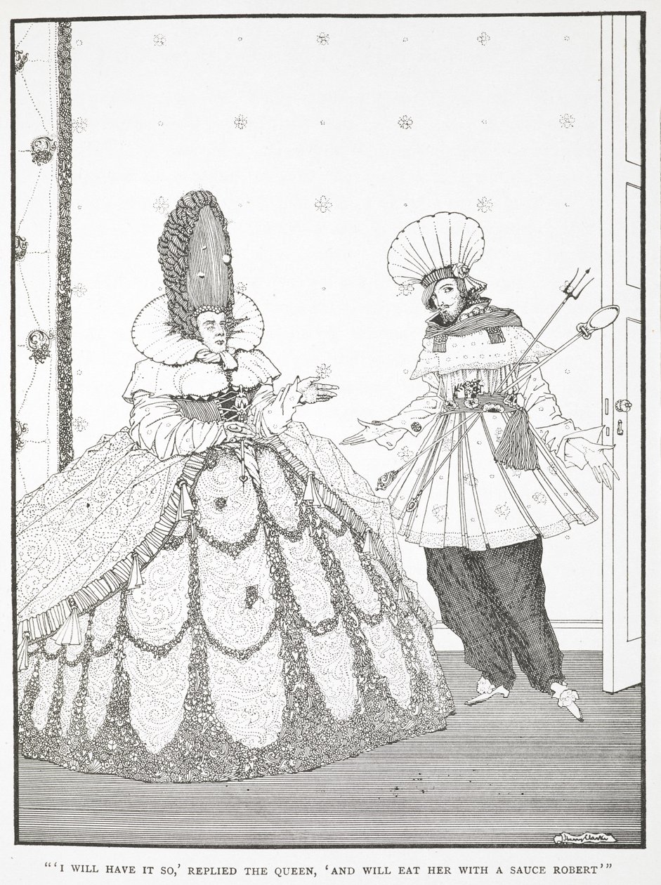 "Minä syön sen niin", vastasi kuningatar, "ja syön hänet Robert-kastikkeen kanssa." Kuvitus tarinalle "nukkuva kaunotar puussa". af Harry Clarke