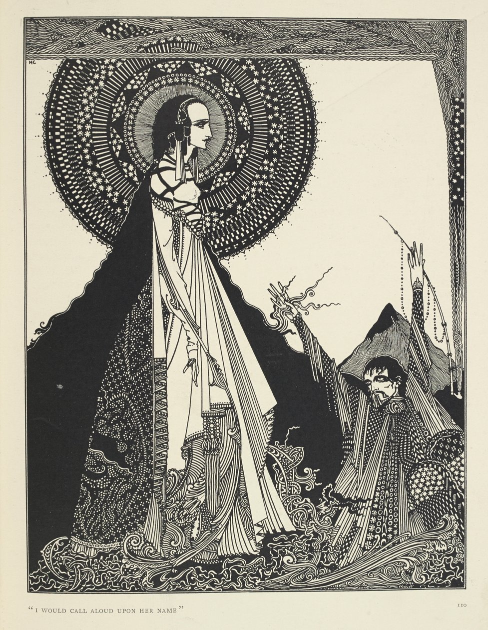 "Jeg ville råbe højt på hendes navn." Illustration af Ligeia, en novelle. "Ligeia" er en novelle af Edgar Allan Poe. Historien følger en unavngiven fortæller og hans kone Ligeia, en smuk og intelligent ravnehåret kvinde. Hun bliver syg, digter "Th af Harry Clarke
