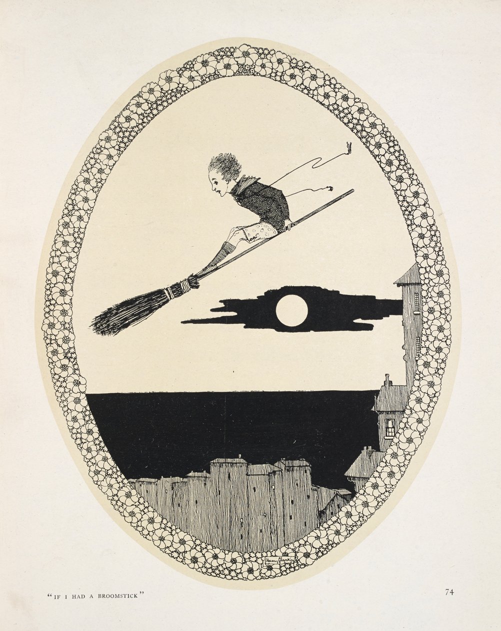 "Hvis jeg havde et kosteskaft". Illustration til et digt Af Patrick R. Chalmers. En dreng på et kosteskaft af Harry Clarke