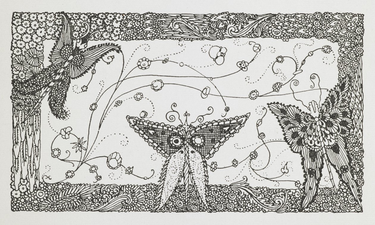 Illustration til historien Riquet med totten. Et sommerfugl design. af Harry Clarke