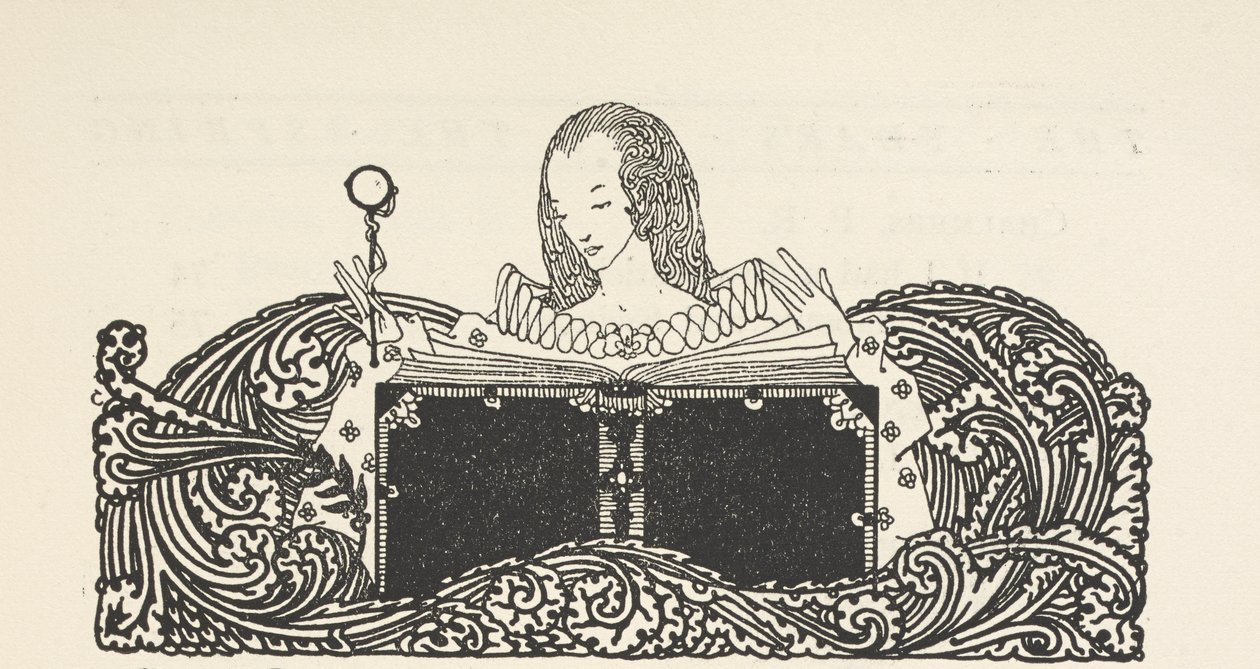 Illustration, der viser en kvinde, der læser en bog, øverst på indholdssiden. af Harry Clarke