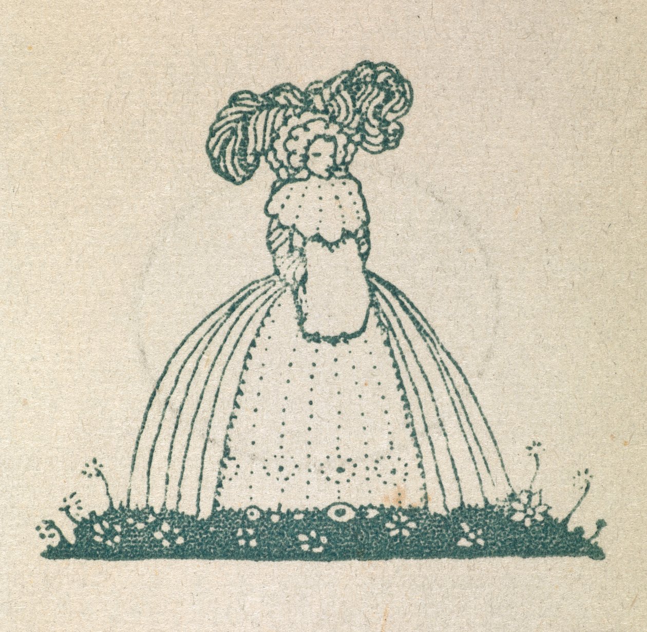 Illustration, der viser en kvinde, iført en stor kjole. af Harry Clarke