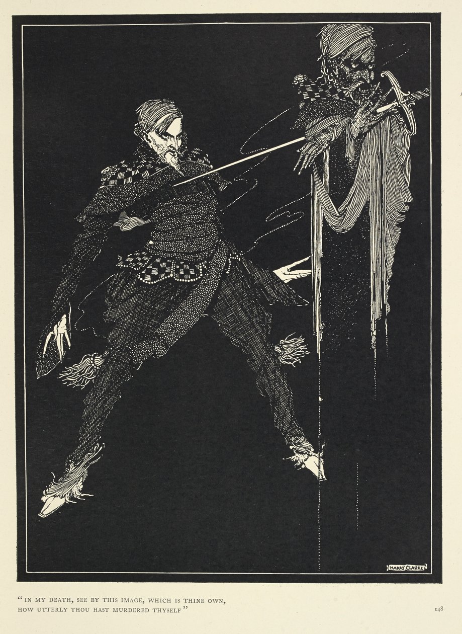 "I min død, se ved dette billede, som er dit eget, hvor fuldstændigt du har myrdet dig selv". Fortællerens dobbeltspiller, i "William Wilson," The Gift (1839). af Harry Clarke