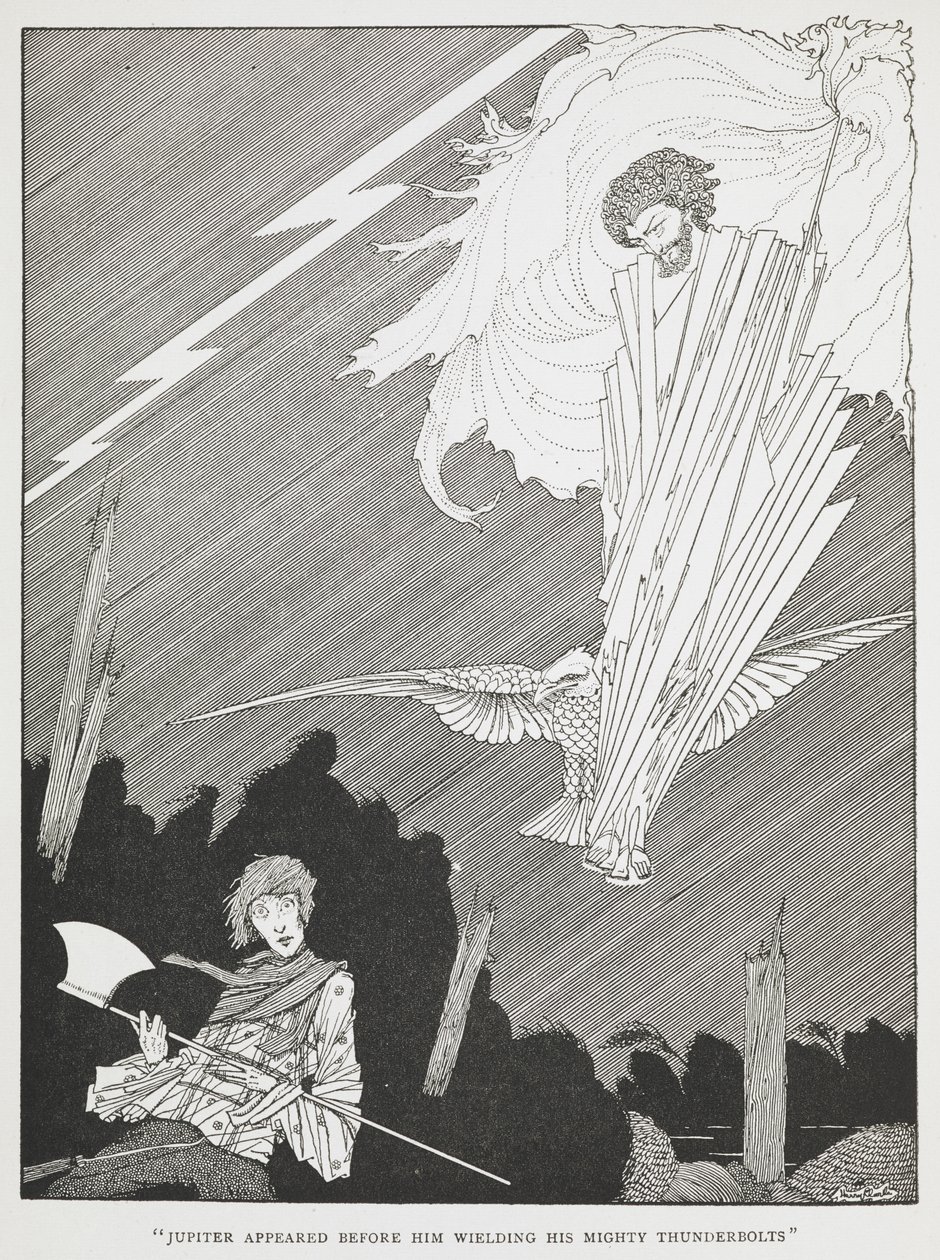 "Jupiter dukkede op foran ham med sine mægtige tordenbolte." Illustration til "de latterlige ønsker." af Harry Clarke