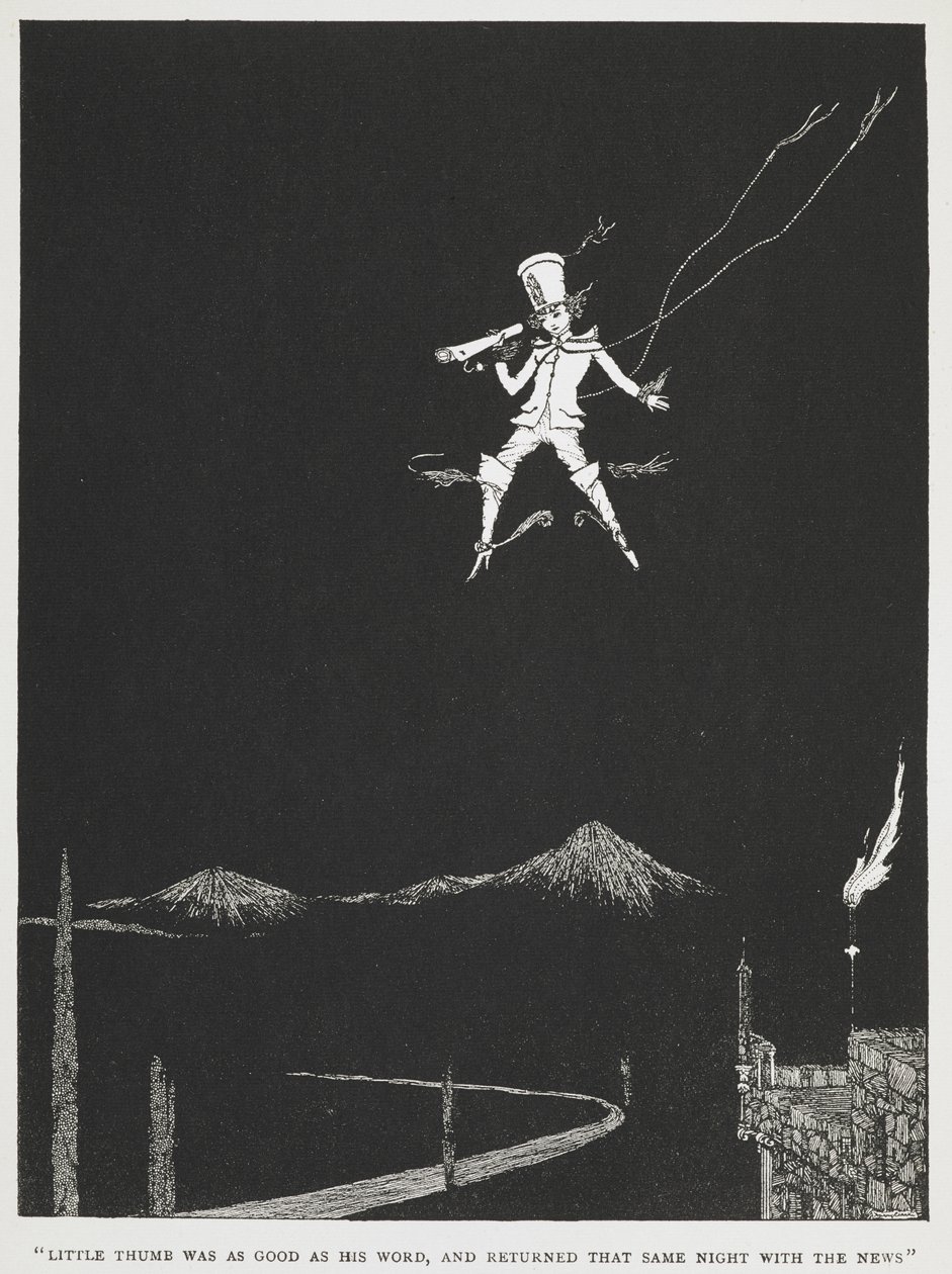 "Pikku peukalo oli yhtä hyvä kuin hänen sanansa, ja palasi samana iltana uutisten kanssa." Sanansaattaja lentää yötaivaalla. Tarinan kuvitus, "pieni peukalo". af Harry Clarke