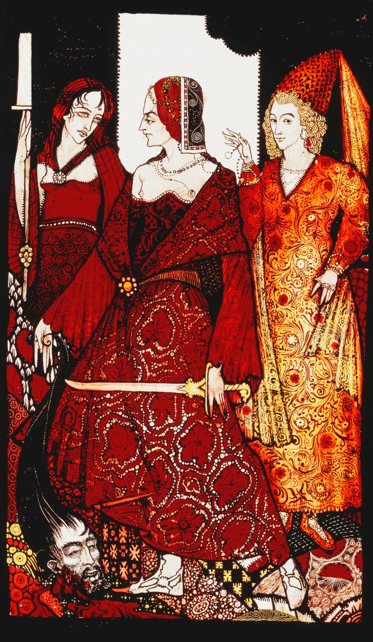 Dronninger, der skar glannas svin...". "Dronninger", ni glaspaneler syrnede, farvede og malede, Illustrerende J.M. Synges digt, 1917 af Harry Clarke