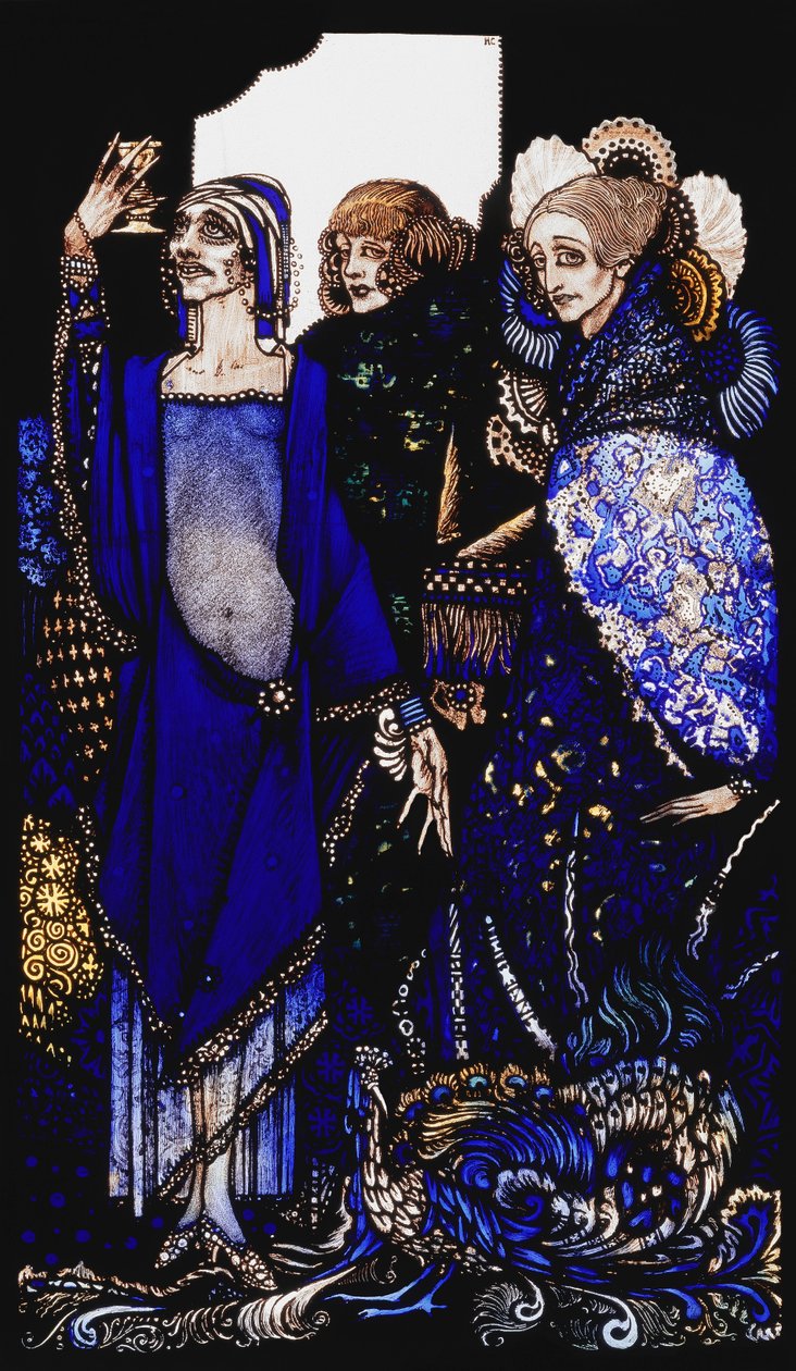 Dronninger, der spildte østen ved fuldmagt...". "Dronninger", ni glaspaneler syrnede, farvede og malede, Illustrerende J.M. Synges digt, 1917 af Harry Clarke