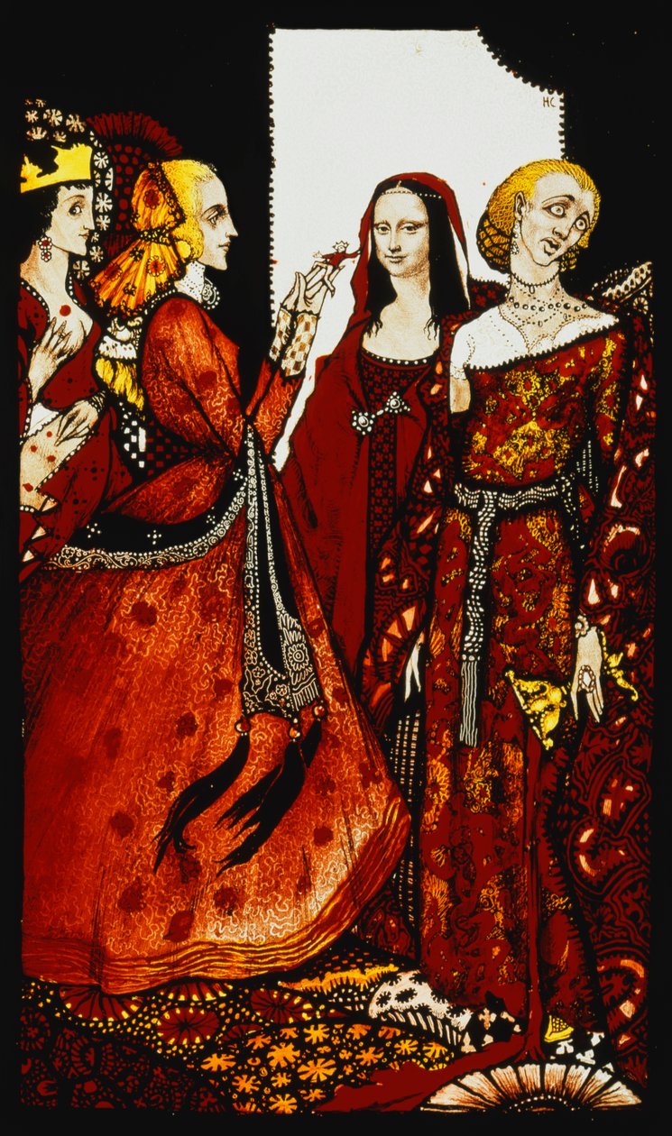 Dronninger, hvis finger engang rørte mænd." "Dronninger", ni glaspaneler syrnede, farvede og malede, Illustrerende J.M. Synges digt, 1917 af Harry Clarke