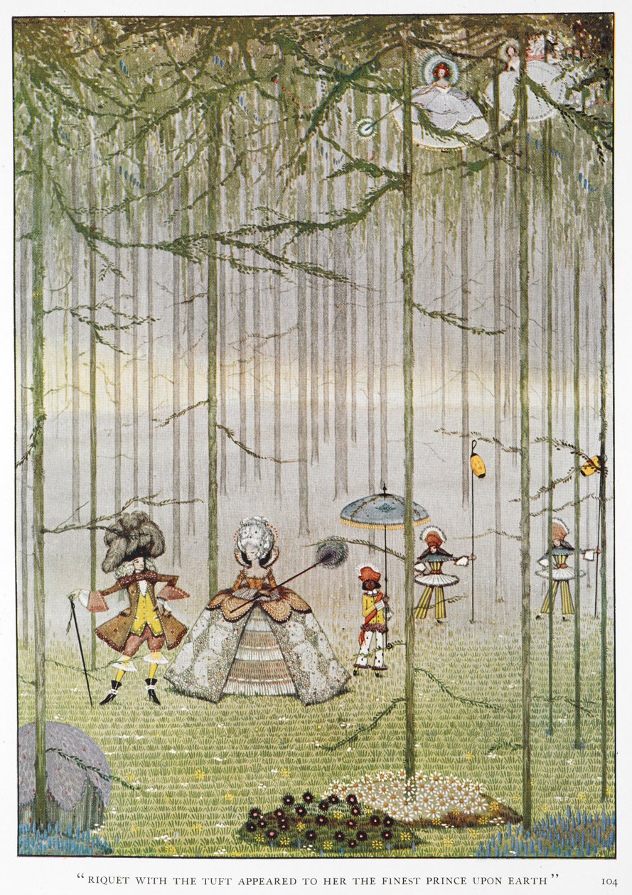 "Riquet med totten forekom hende at være den fineste prins på jorden." Illustration til historien, "Riquet med totten." En prinsesse i en skov, der møder prins Riquet med totten. af Harry Clarke