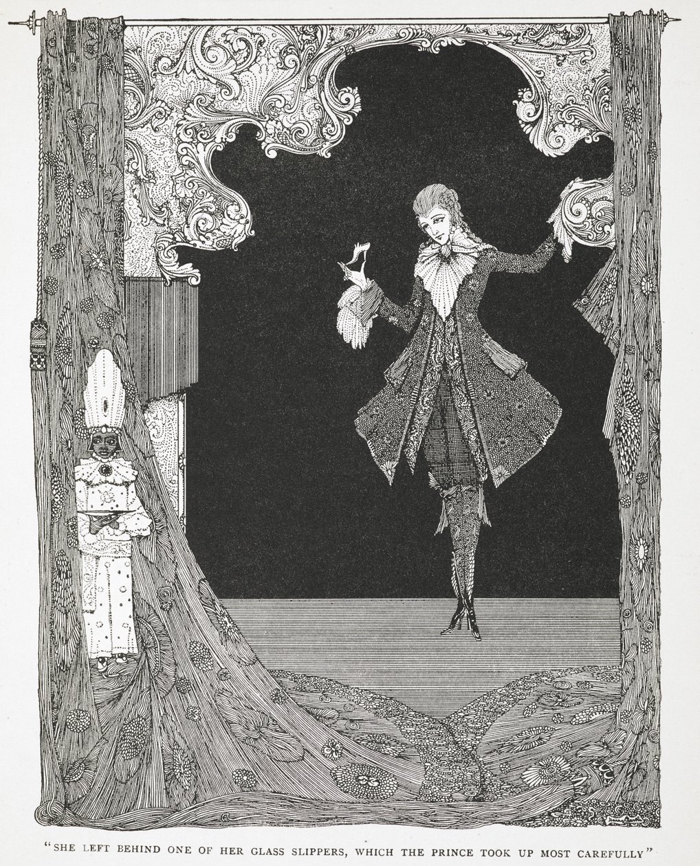"Hun efterlod sig en af sine glastøfler, som Prinsen tog mest omhyggeligt op." Illustration til historien, Askepot eller Den Lille Glastøffel. af Harry Clarke