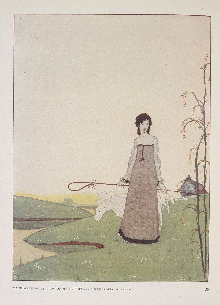 "Hun går - min glædes dame - en hyrdinde af får." Illustration til hyrdinden af Alice Meynell. af Harry Clarke