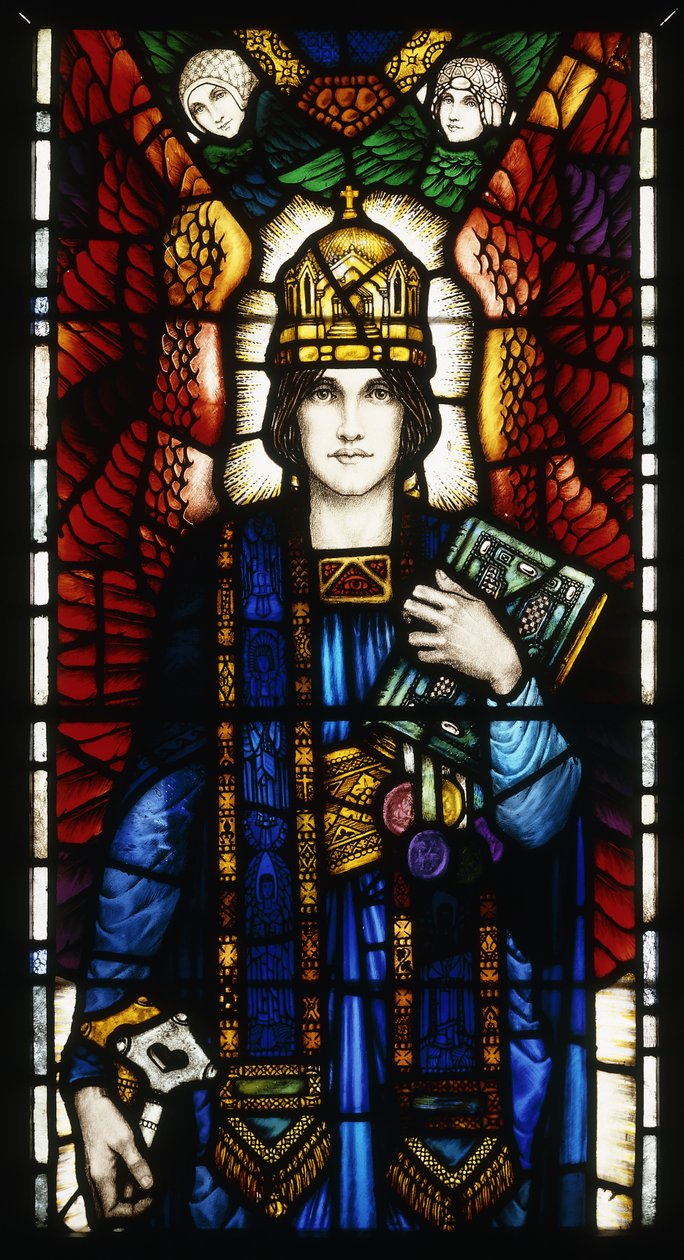 St. Peter", et farvet glaspanel, der forestiller den bevingede ungdommelige St. Peter iført en mitre og med symbolske nøgler og bog, med et par ledsagende engle, ca. 1910-13 af Harry Clarke