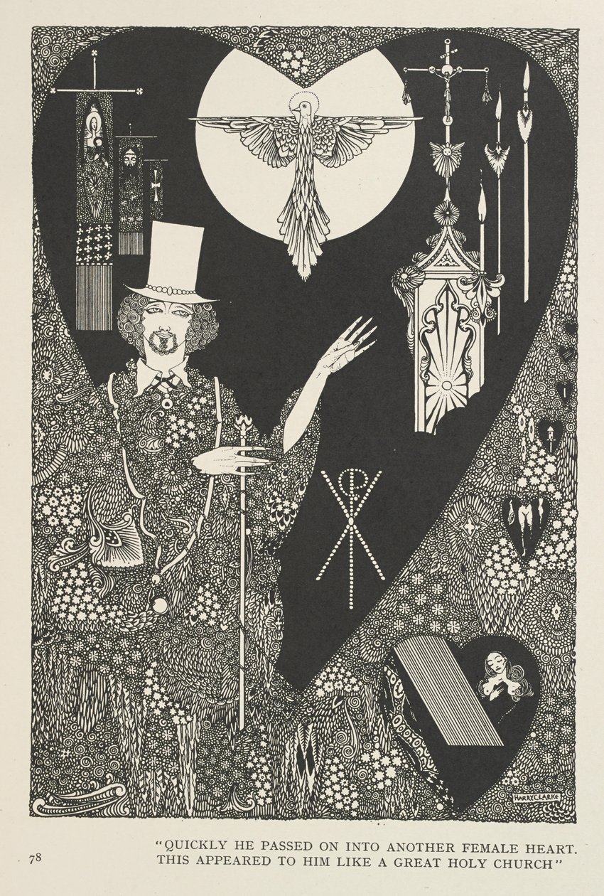 Lykkens Galoscher. Hurtigt gik han videre til et andet kvindehjerte. Dette forekom ham som en stor hellig kirke. af Harry Clarke