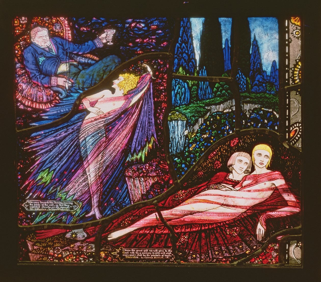 Genève-vinduet afbilder Mr Gilhooley af Liam OFlaherty og Deirdre af George Russell, 1929 af Harry Clarke