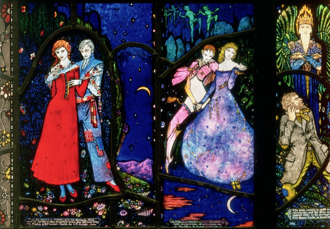 Genève-vinduet, der forestiller The Playboy of the Western World af J.M. Synge, The Dreamers af Seamus OSullivan og The Demi Gods af James Stephens, 1929 af Harry Clarke