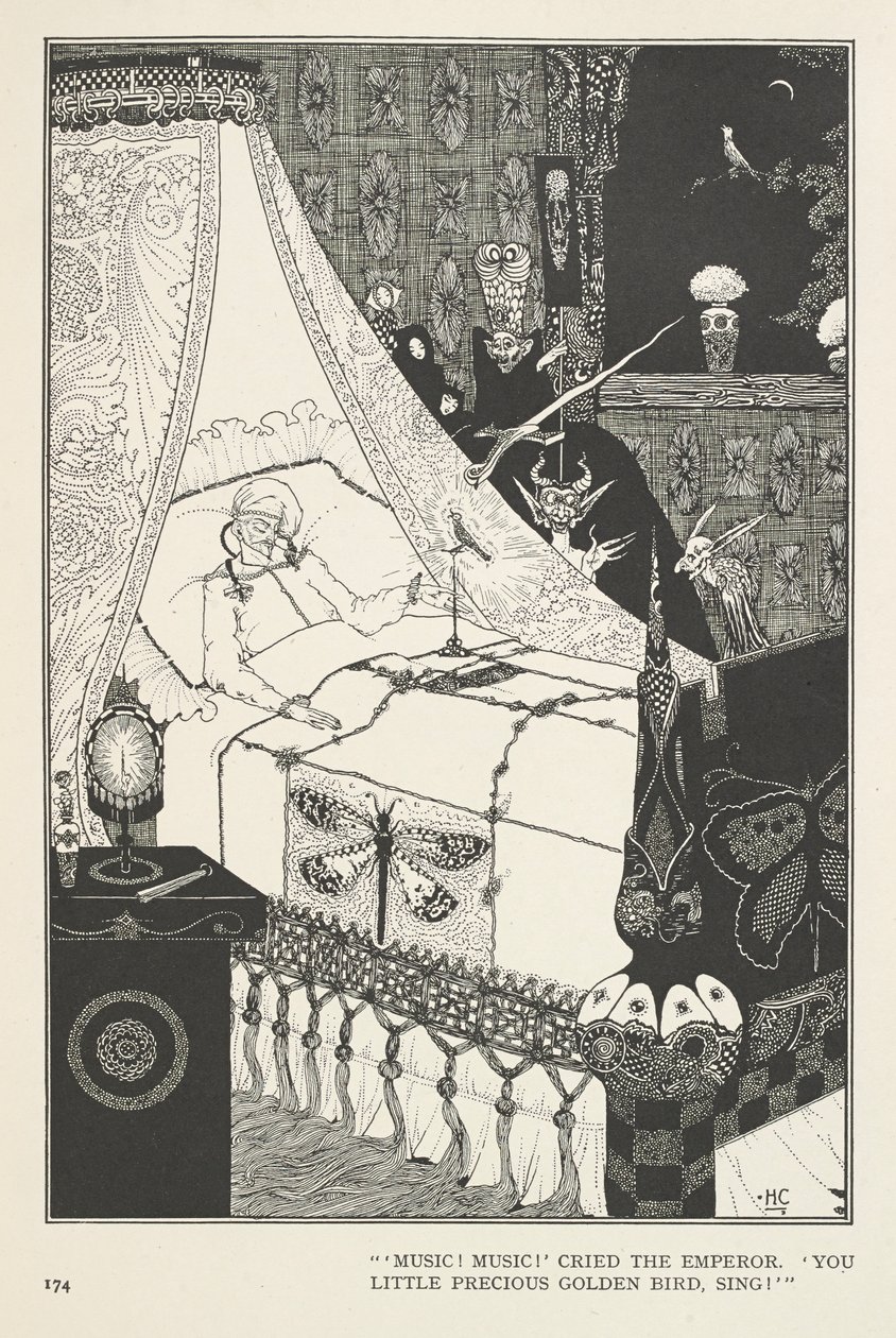 Nattergalen. "Musik! Musik!" råbte kejseren. "Du lille dyrebare guldfugl, syng!" af Harry Clarke
