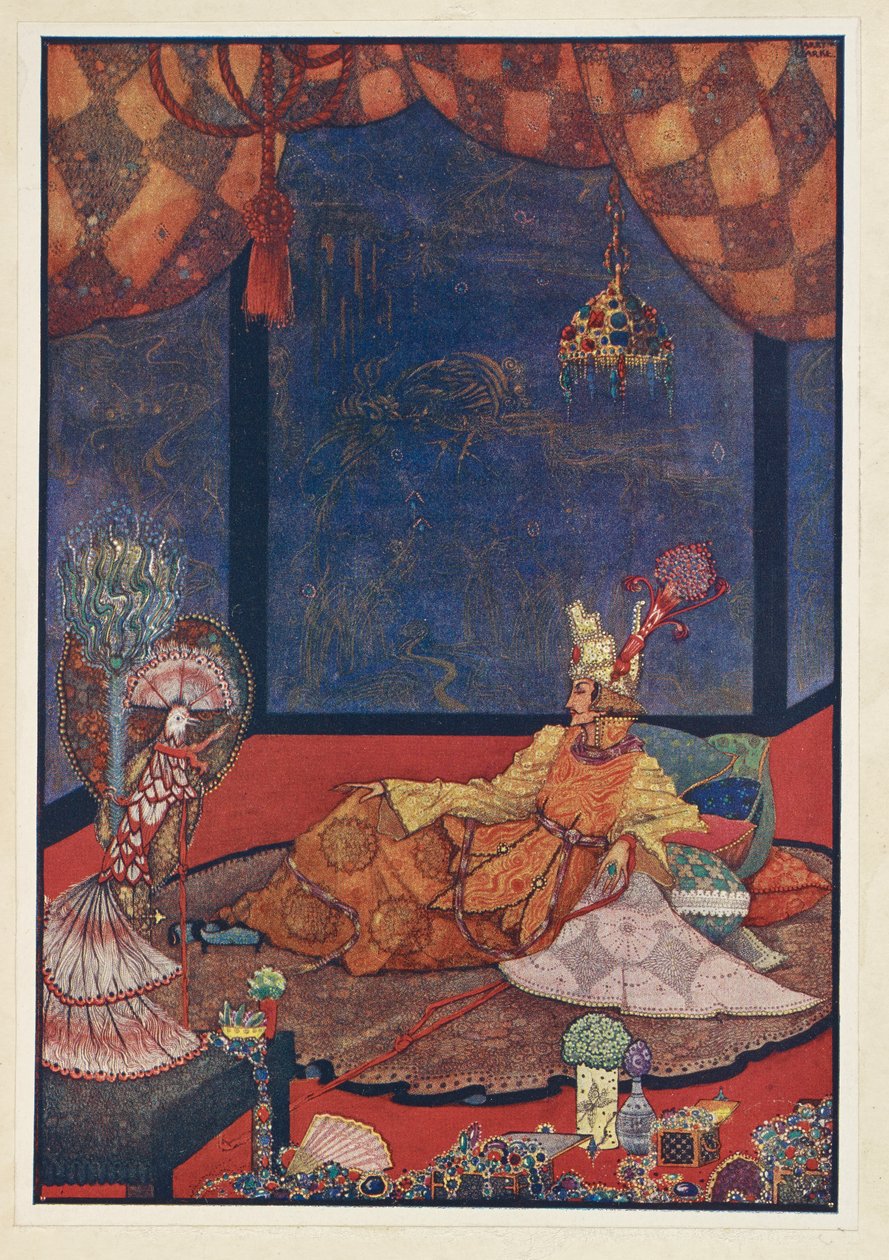 Nightingale. Keinotekoisen linnun paikka oli silkkityynyllä lähellä keisarin sänkyä. af Harry Clarke