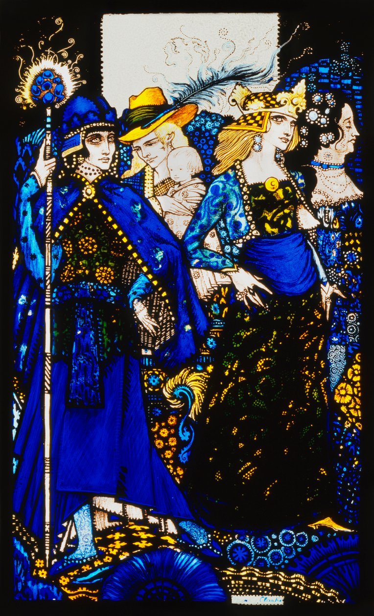 The Queens of Sheba, Meath and Connaught". "Queens", ni glaspaneler syrnede, farvede og malede, illustrerer J.M. Synges digt, 1917 af Harry Clarke