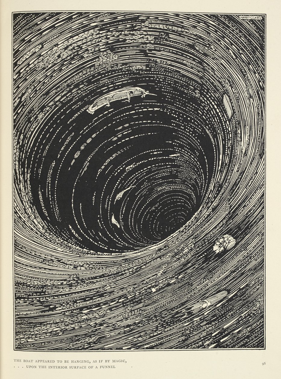 "Båden så ud til at hænge ... på den indre overflade af en tragt stor i omkreds." Illustration til historien 