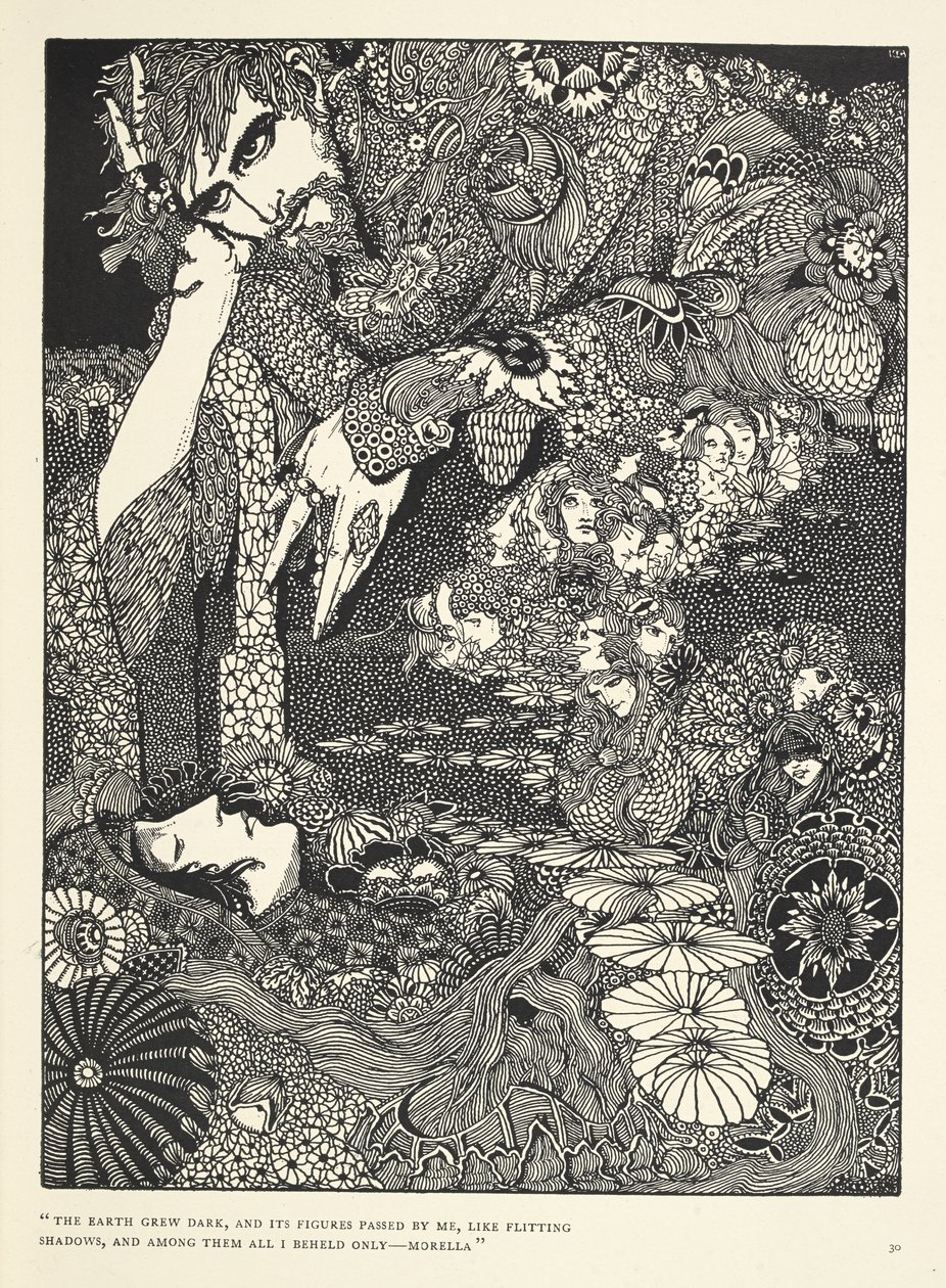 "Jorden blev mørk, og dens skikkelser gik forbi mig, som flagrende skygger ... Morella." Illustration til historien 