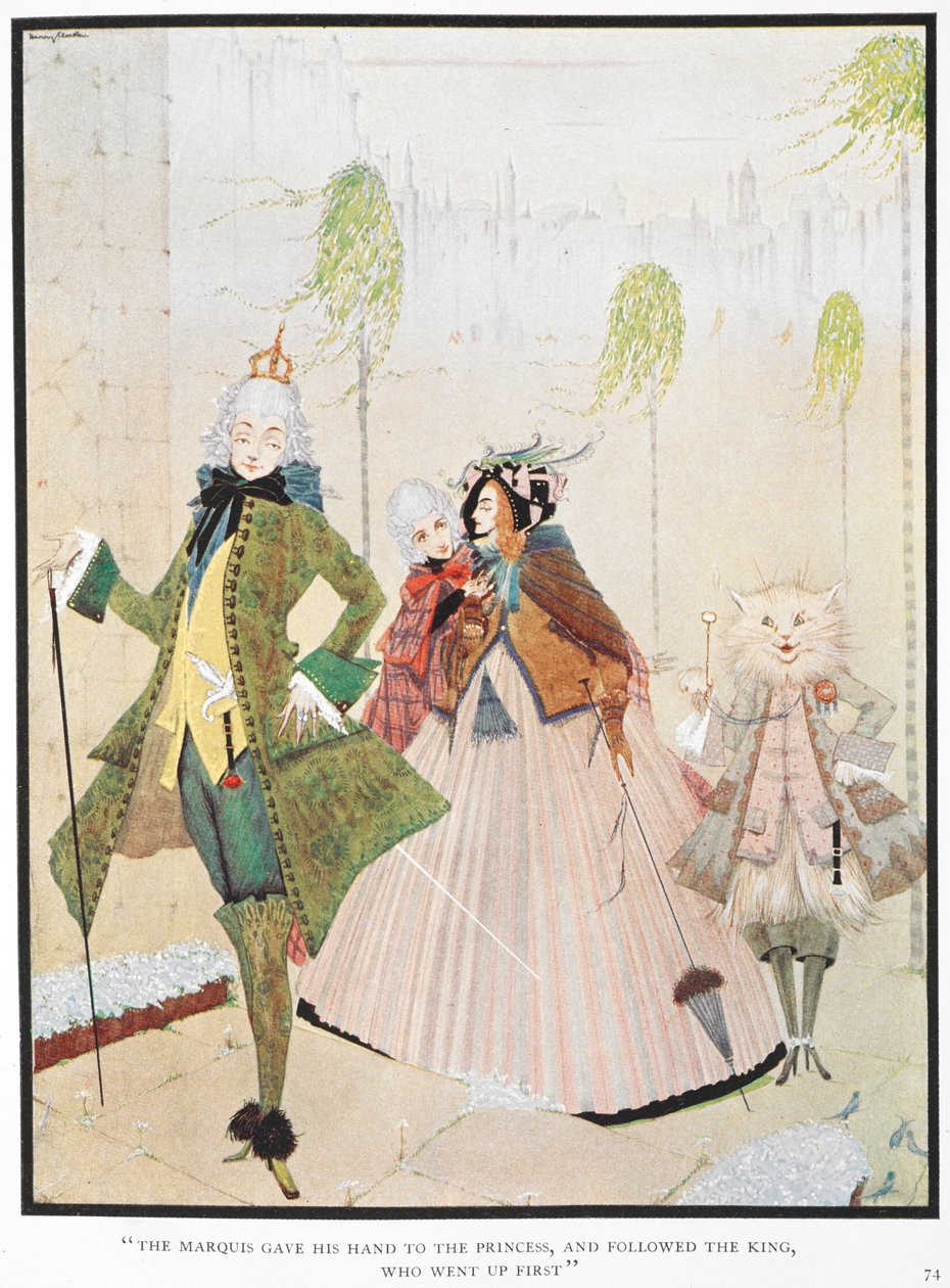 "Markiisi ojensi kätensä ruhtinaille ja seurasi kuningasta, joka nousi ensimmäisenä." Kuvitus tarinalle "mestarikissa tai saappaissa oleva pussi". af Harry Clarke