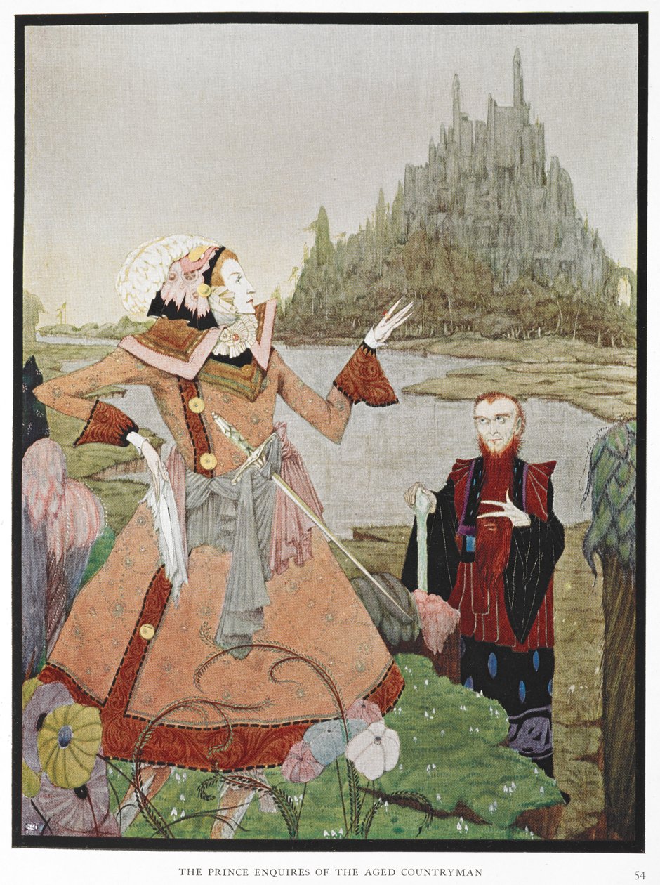 "Prinssi tiedustelee iäkkäältä maanmieheltä." Esimerkki tarinalle "nukkuva kaunotar". af Harry Clarke