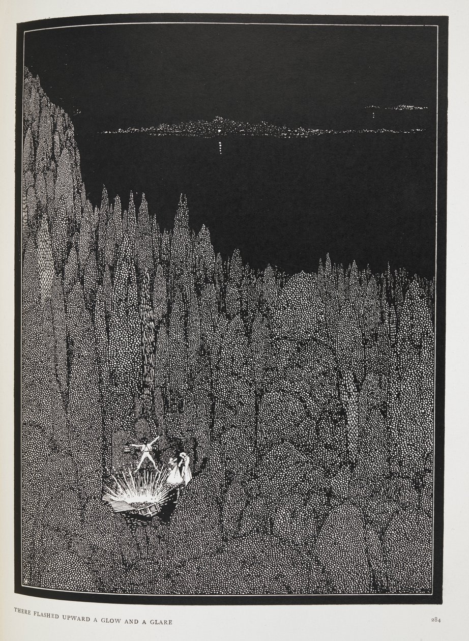 Ylöspäin välähti hehku ja häikäisy. Kuvitus novellelle, "kultavika". af Harry Clarke