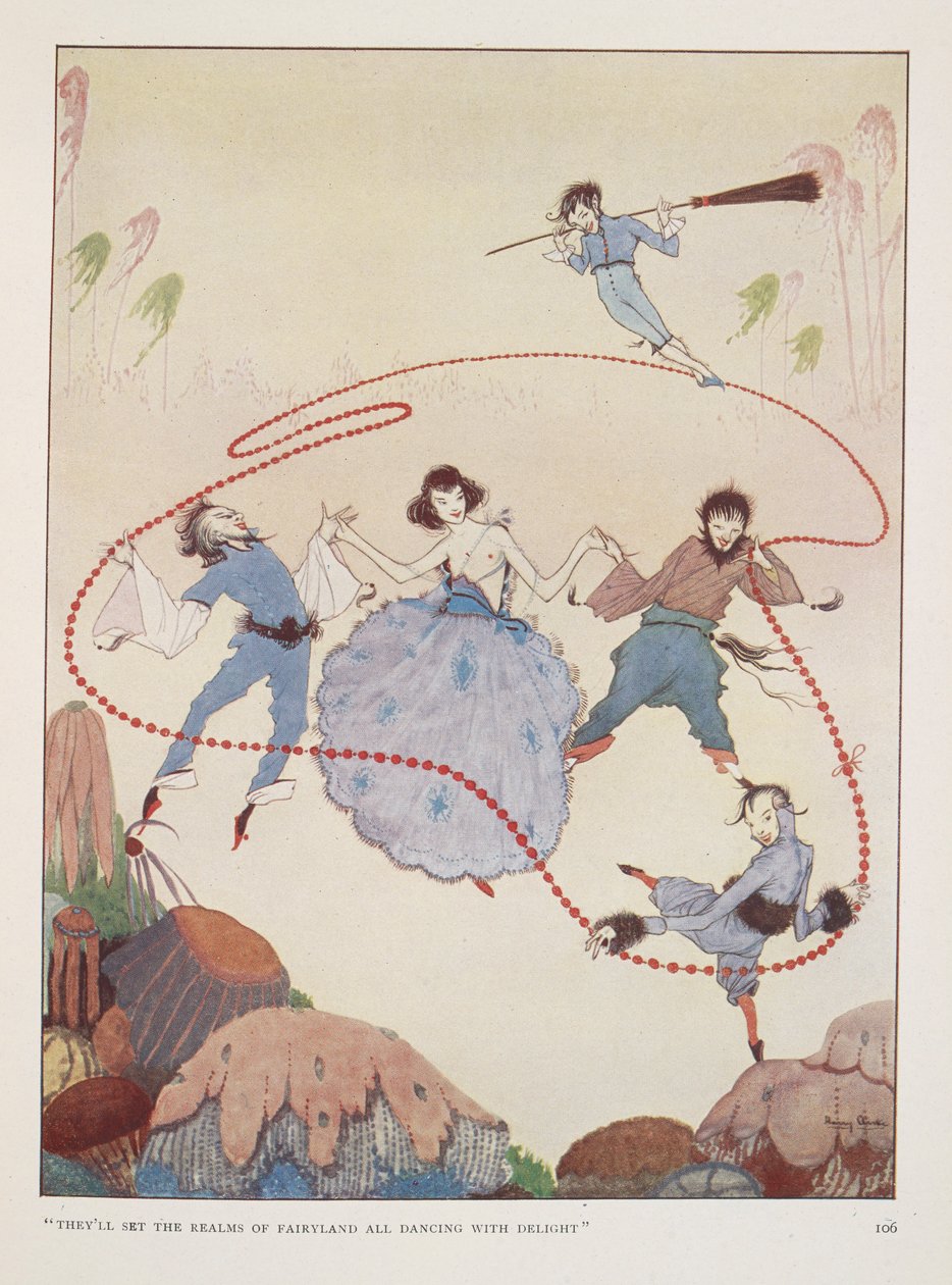 "He saavat satumaan valtakunnat tanssimaan ilosta". Rose Fylemanin kuvitus almuille syksyllä. Figuurit tanssivat ilmassa. af Harry Clarke