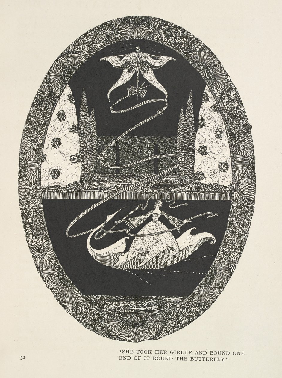 Tommelise Hun tog sit bælt og bandt den ene ende om sommerfuglen. af Harry Clarke