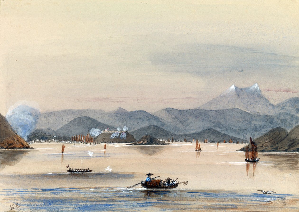 "HMS Tribune finder vej på Chuenpee-floden i Canton (Kina) med robåde og kinesiske junker. af Harry Edmond Edgell