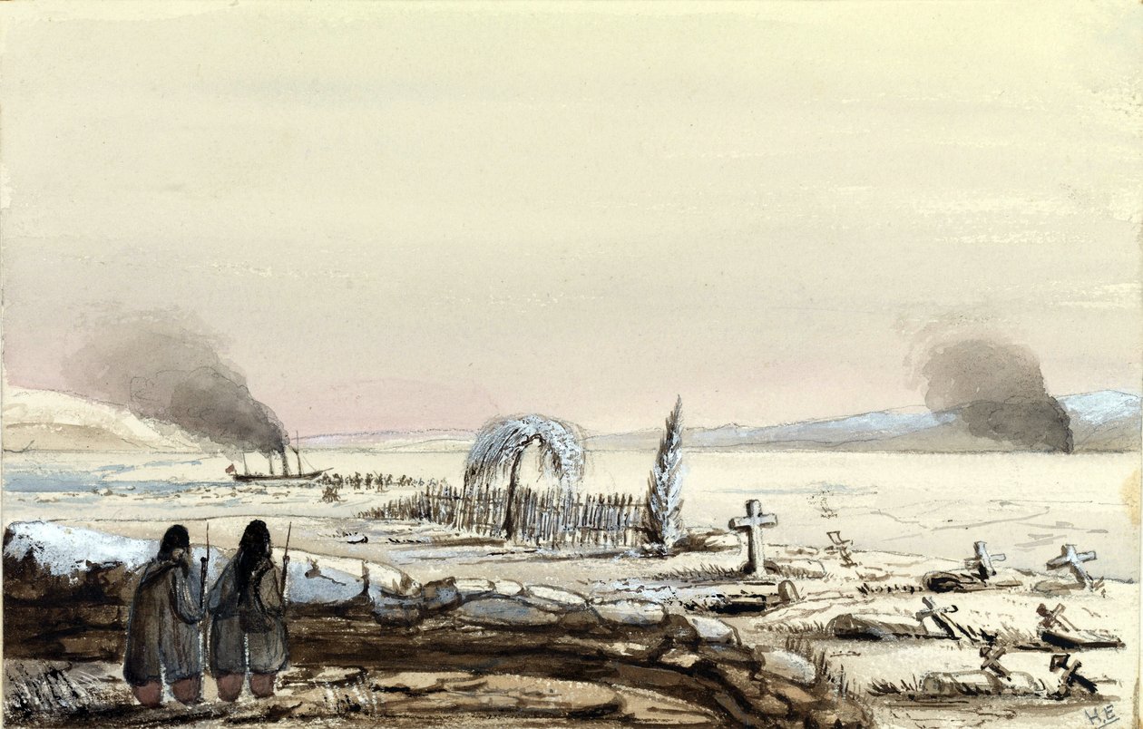 Kirkegården i Kinburn (Ukraine, Rusland) 1855. HMS Tribune afskærer Dneprs frosne vand. Maleri af viceadmiral Harry Edmund Edgell (1809-1876), akvarel 1855. af Harry Edmond Edgell