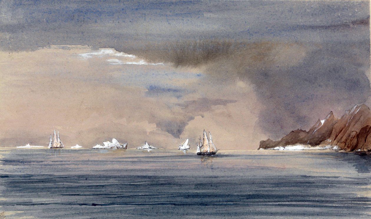 Isbjergene ud for Kap Horn (Chile) med silhuetten af HMS Tribune. Maleri af viceadmiral Harry Edmund Edgell (1809-1876), akvarel 1856. af Harry Edmond Edgell