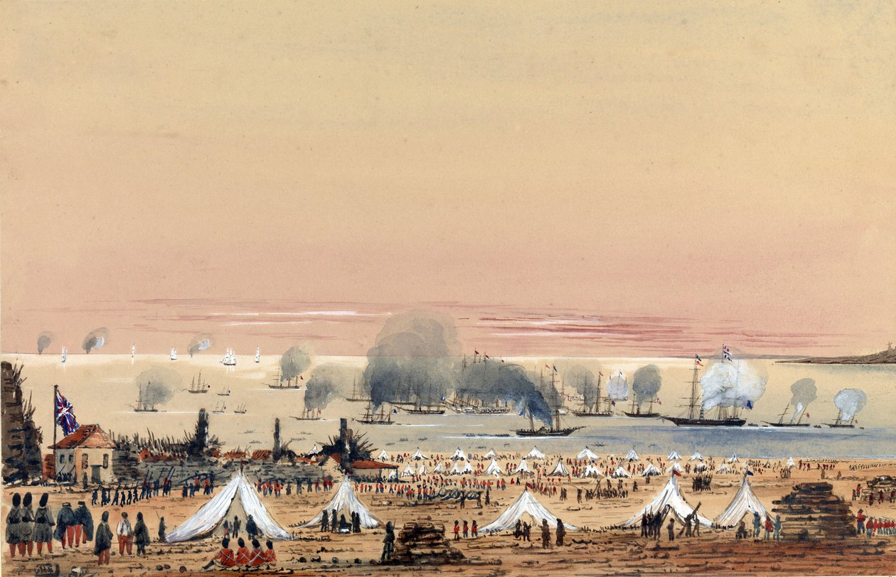 Landgangen ved Kinburn (Ukraine, Rusland) i oktober 1855, en britisk militærlejr på kysten, med flåden forankret ud for kysten, herunder HMS Tribune. af Harry Edmond Edgell
