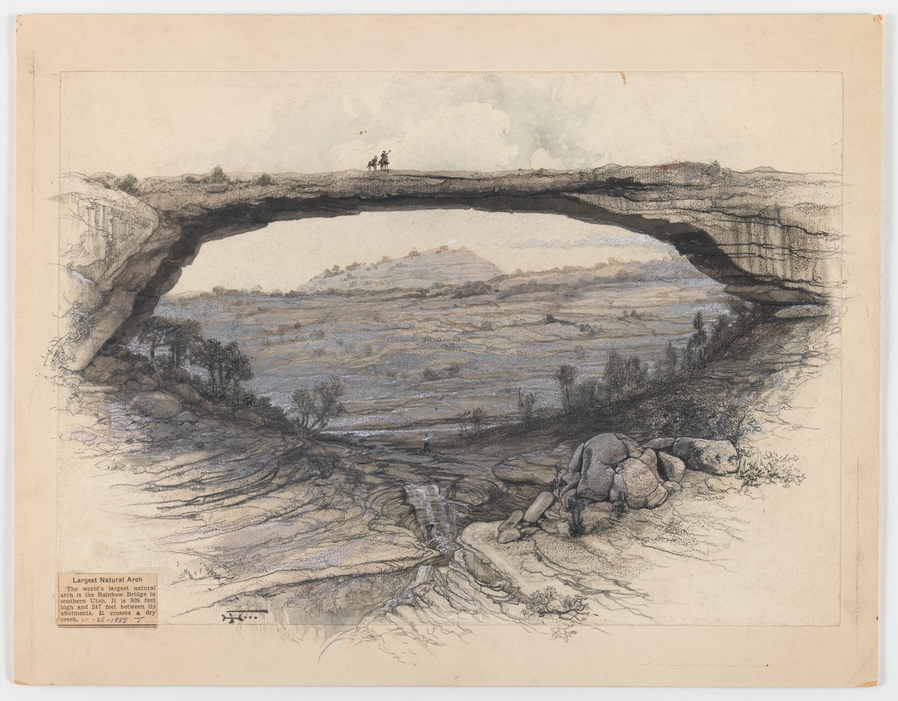 Rainbow Bridge (vask, grafit og kul på papir) af Harry Fenn