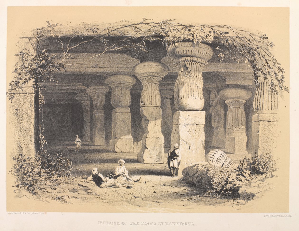 Interiør af Caves of Elephanta (farvet litografi) af Harry Francis Darell