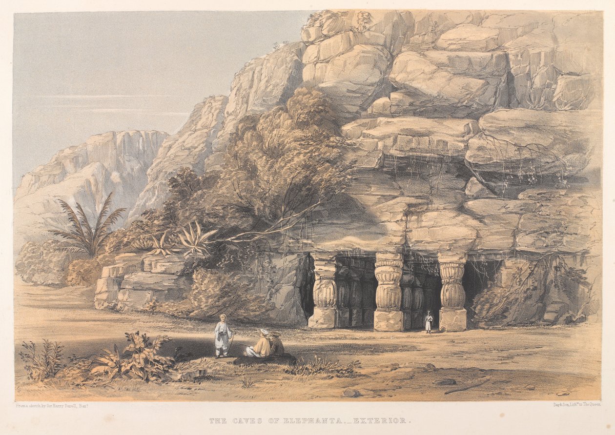 The Caves of Elephanta, Exterior (farvet litografi) af Harry Francis Darell