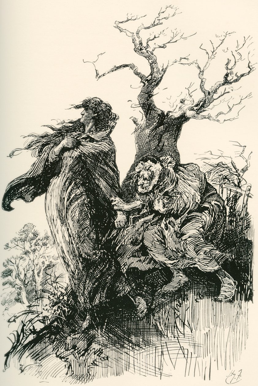 Alice Brown og hendes mor. "Efter et kvarters gang vovede den gamle kone, udmattet og forpustet, at holde i sine skørter; men hun vovede ikke mere, og de rejste videre i tavshed gennem vådt og mulm." Illustration af Harry Furni af Harry Furniss