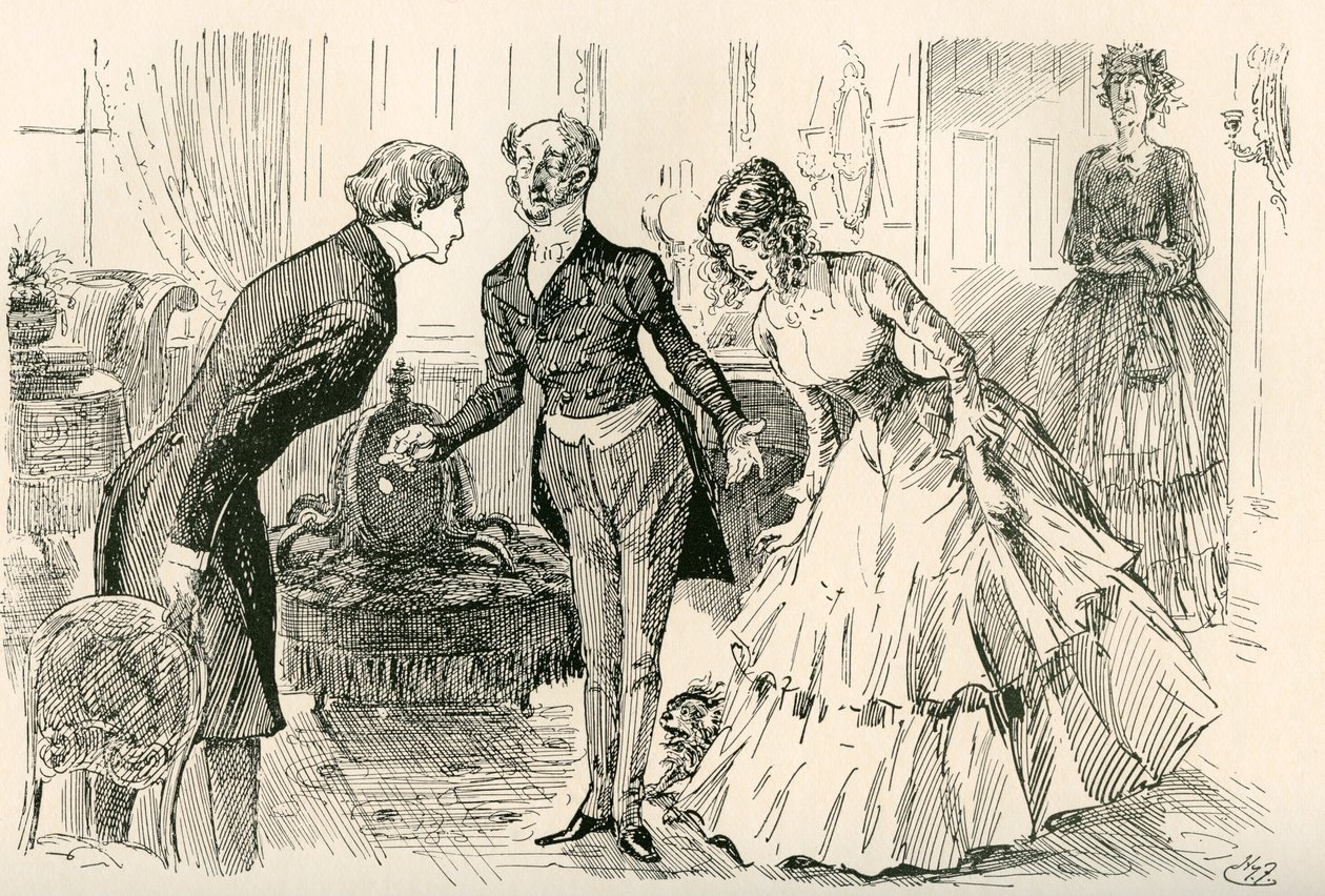 David møder Dora og Miss Murdstone. "Mr. Copperfield, min datter Dora og min datter Doras fortrolige veninde, Miss Murdstone!". Illustration af Harry Furniss til Charles Dickens-romanen David Copperfield, fra The Testimonial Edition, udgivet 19. af Harry Furniss
