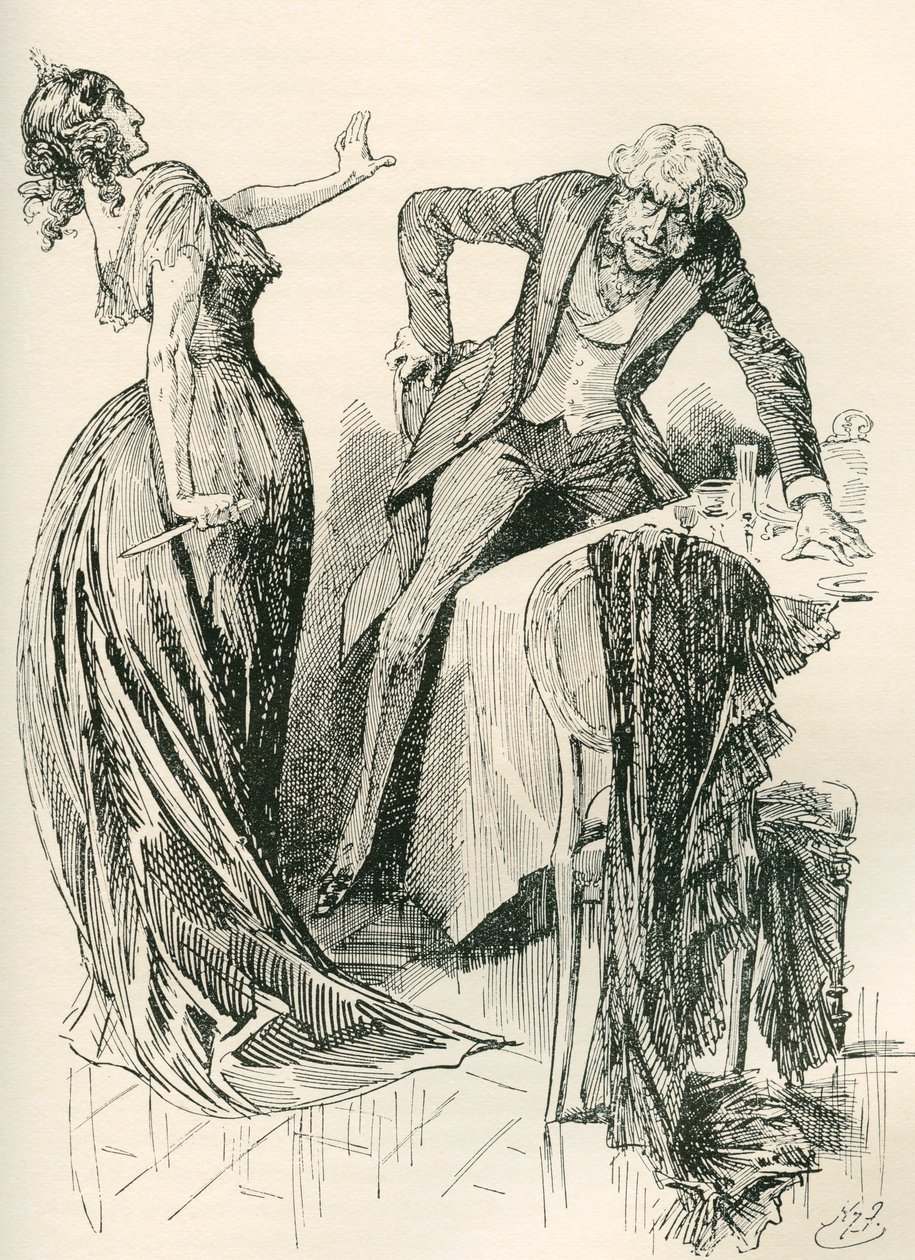 Edith og Mr. Carker. "Han kom lystigt imod hende, da hun på et øjeblik greb kniven op fra bordet og begyndte et skridt tilbage. "Stå stille," sagde hun, "eller jeg myrder dig!" Illustration af Harry Furniss for Charles Dickens roman af Harry Furniss