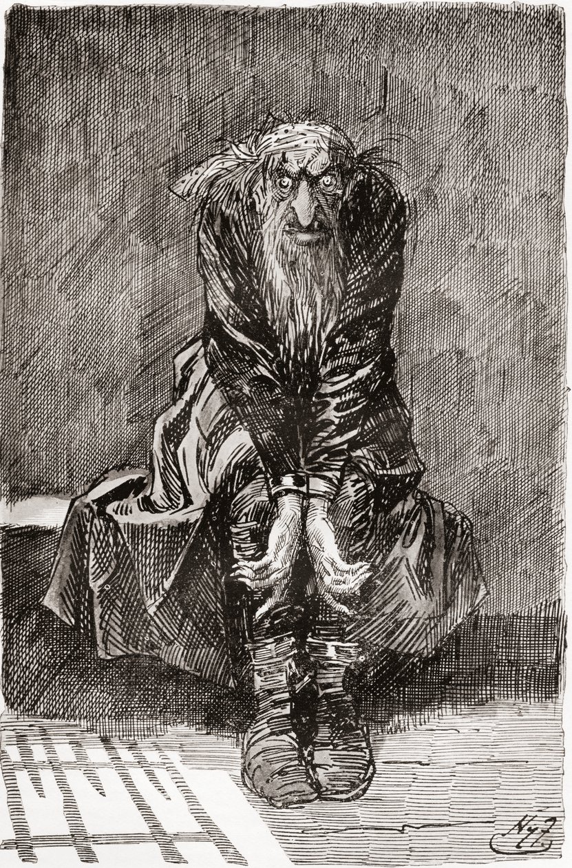 Fagin i den fordømte celle. "Han satte sig på en stenbænk over for døren, som tjente til et sæde og seng, og kastede sine blodskudte øjne på jorden og forsøgte at samle sine tanker." Illustration af Harry Furniss til Charles Dickens-romanen af Harry Furniss